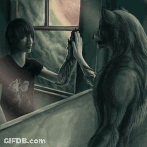 Man And Werewolf High Five In Mirror GIF