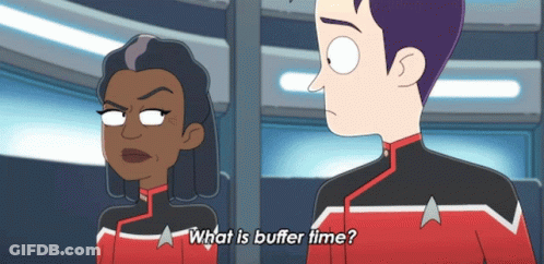 Man And Woman Asking What Is Buffer Time GIF