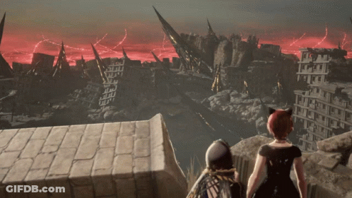 Man And Woman Before Destroyed City Red Sky GIF