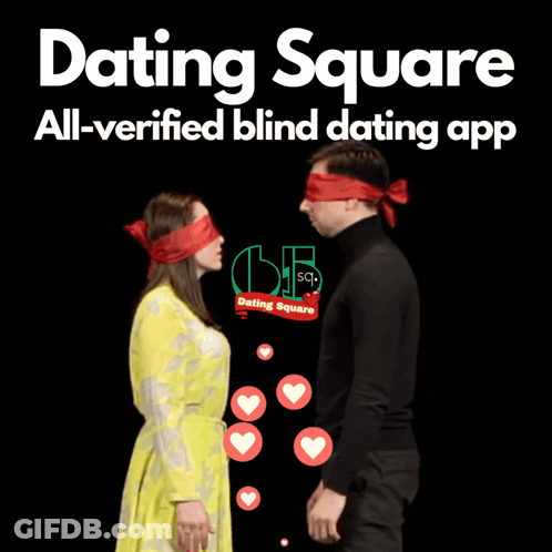 Man And Woman Blindfolded On Dating Square Ad GIF