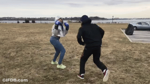 Man And Woman Boxing In Field With Car GIF