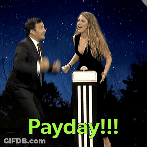 Man And Woman Dancing In Front Of Payday Sign GIF