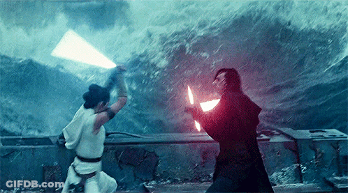 Man And Woman Fighting With Lightsabers In Water GIF