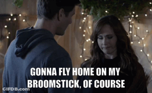 Man And Woman Gonna Fly Home On Broomstick GIF