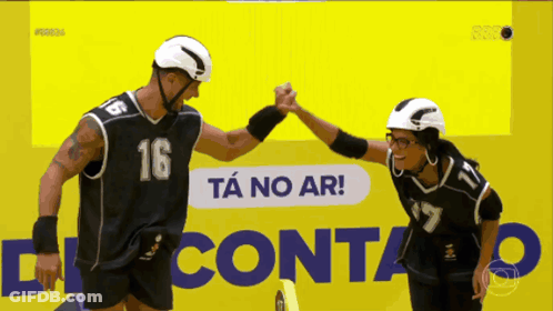 Man And Woman High Five Yellow Sign Conta GIF