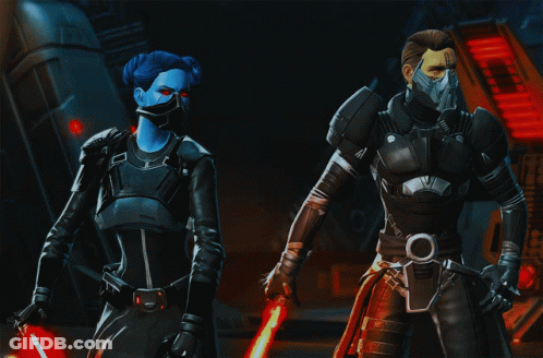 Man And Woman Holding Lightsabers GIF