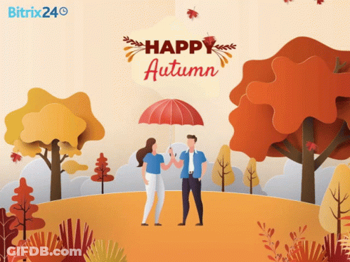 Man And Woman Holding Umbrella Happy Autumn GIF