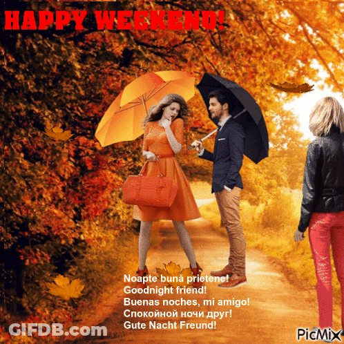 Man And Woman Holding Umbrellas Happy Weekend GIF