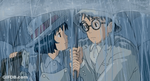 Man And Woman Holding Umbrellas In Rain GIF