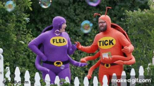 Man And Woman In Flea And Tick Costumes Blowing Bubbles GIF