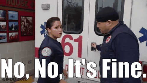Man And Woman In Front Of Ambulance Saying No No It's Fine GIF