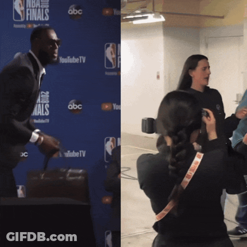 Man And Woman In Front Of Blue Wall Saying NBA Finals GIF