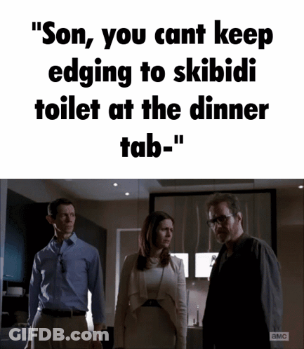 Man And Woman In Front Of Sign Saying Son You Can't Keep Edging To Skibidi Toilet GIF