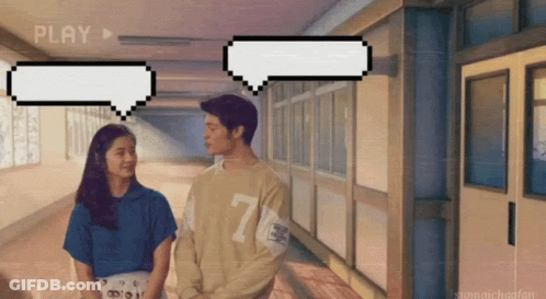 Man And Woman In Hallway With Speech Bubbles And Play Button GIF
