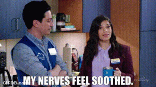 Man And Woman In Kitchen Saying My Nerves Feel Soothed GIF