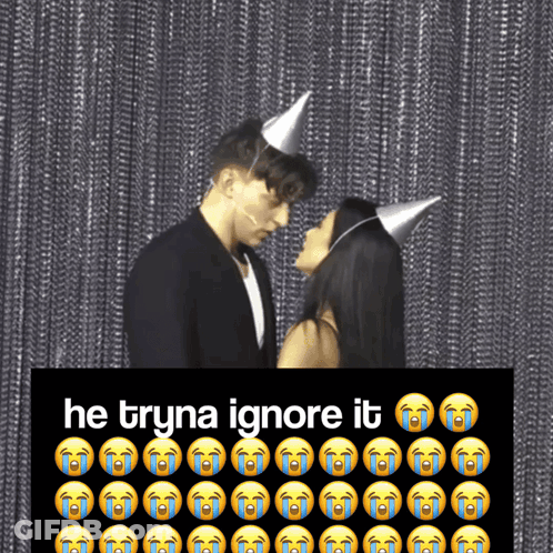 Man And Woman In Party Hats Kissing He Tryna Ignore It GIF