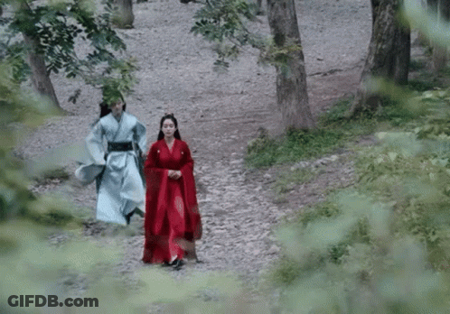 Man And Woman In Traditional Costume Walking Through Forest GIF