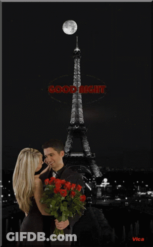 Man And Woman Kissing Eiffel Tower Red Good Night GIF