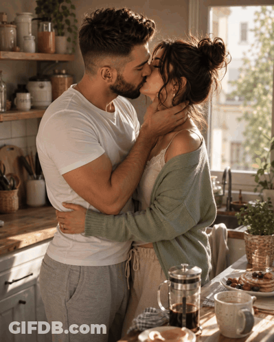 Man And Woman Kissing In Kitchen With French Press GIF