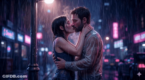 Man And Woman Kissing In Rain With Coca Cola Sign GIF