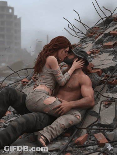 Man And Woman Kissing In Rubble Saying All-Generated Content GIF