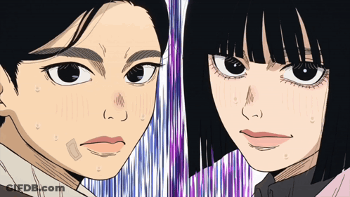 Man And Woman Looking At Each Other Purple Background GIF