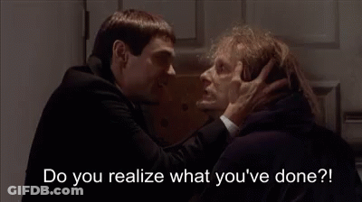 Man And Woman Looking At Each Other Saying Do You Realize What You've Done GIF