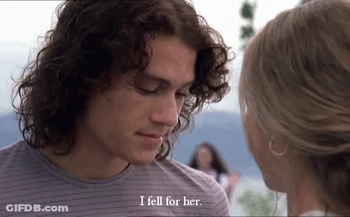 Man And Woman Looking At Each Other Saying I Fell For Her GIF