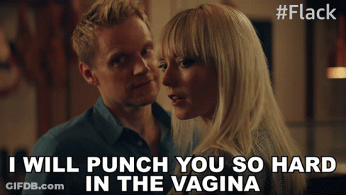 Man And Woman Looking At Each Other Saying I Will Punch You So Hard In The Vagina GIF