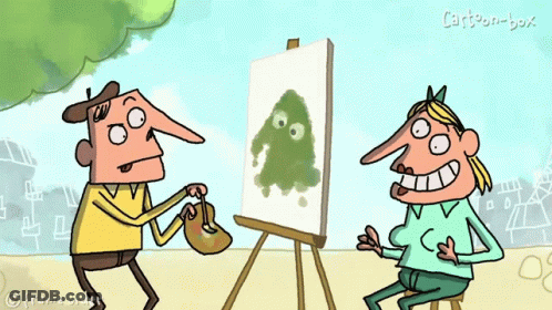 Man And Woman Looking At Painting With Cartoon Box GIF