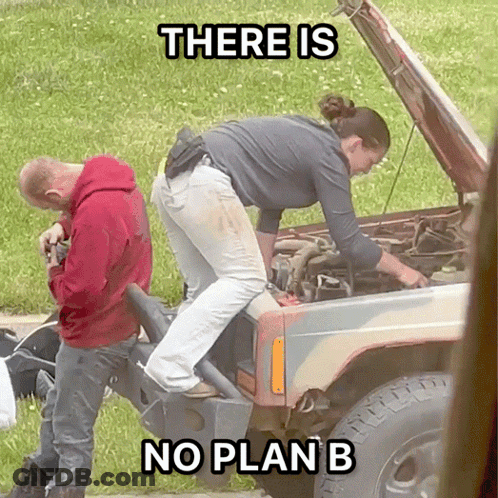 Man And Woman Looking Under Jeep Hood There Is No Plan B GIF