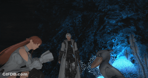 Man And Woman Next To Bird In Dark Cave GIF