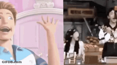 Man And Woman Next To Pink Door And Barbie GIF