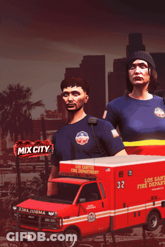 Man And Woman Next To Red Los Santos Fire Department Ambulance GIF