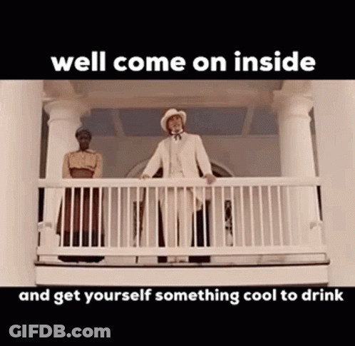 Man And Woman On Balcony With Text Well Come On Inside GIF