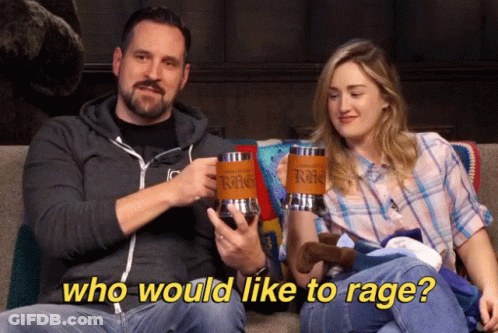 Man And Woman On Couch Holding Mugs Saying Who Would Like To Rage GIF