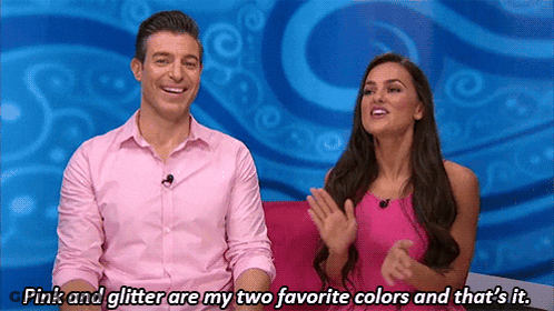 Man And Woman On Pink Couch Saying Pink And Glitter Are My Two Favorite Colors GIF