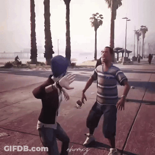 Man And Woman On Sidewalk Man In Purple Shirt GIF
