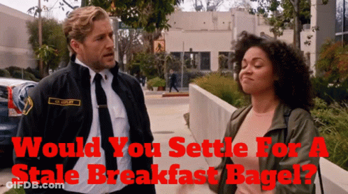 Man And Woman On Sidewalk Would You Settle For A Stale Breakfast Bagel GIF