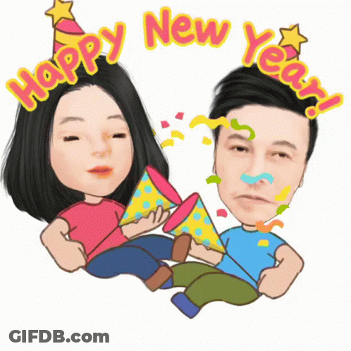 Man And Woman Party Hats Happy New Year GIF