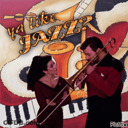 Man And Woman Playing Trombone Saying Ya Like Jazz GIF