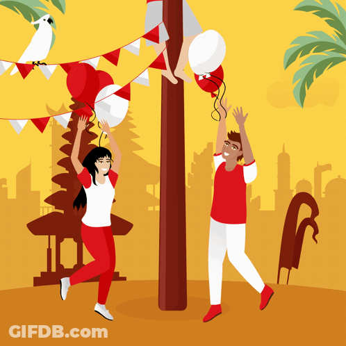 Man And Woman Playing With Balloons On Pole GIF