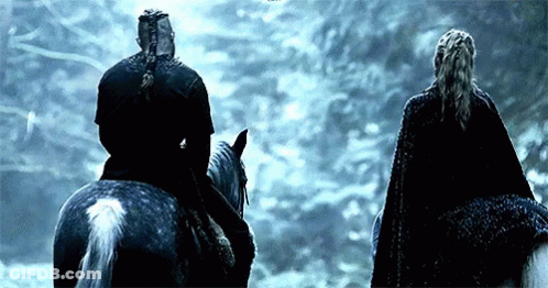 Man And Woman Riding Horses In Dark Forest GIF