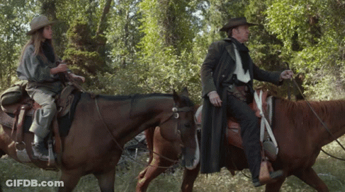 Man And Woman Riding Horses In Forest GIF