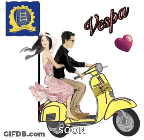 Man And Woman Riding Yellow Vespa GIF