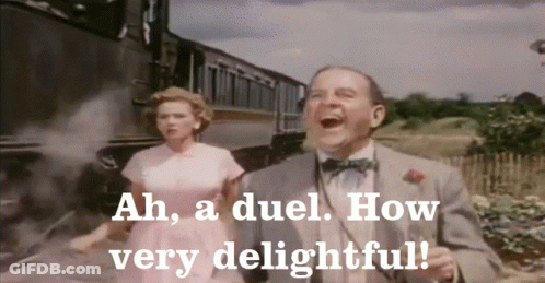 Man And Woman Running From Train Ah A Duel How Very Delightful GIF