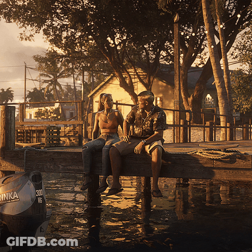 Man And Woman Sit On Dock Next To Boat Saying 300 GIF