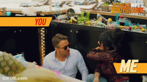 Man And Woman Sitting At Messy Bar Saying You Me GIF