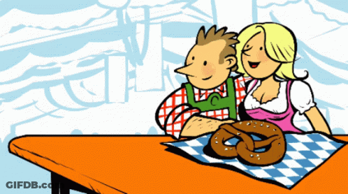 Man And Woman Sitting At Table With Pretzel GIF