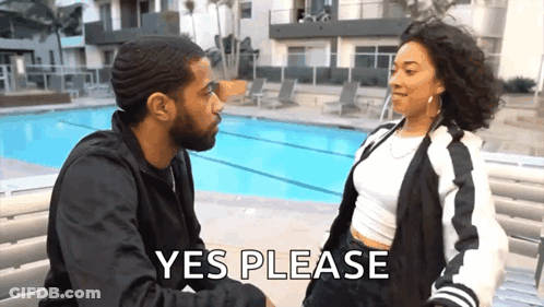 Man And Woman Sitting On Bench By Pool Woman Saying Yes Please GIF